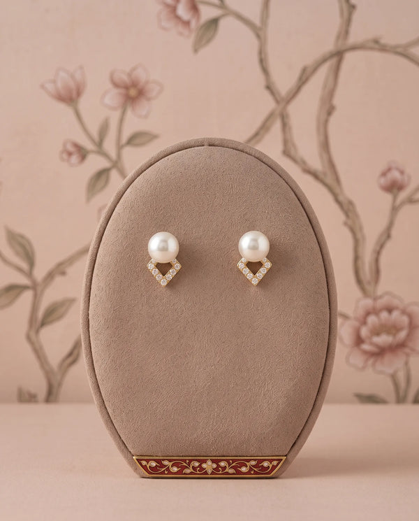 Gold-Plated Geometric Diamond-Frame Pearl Stud Earrings