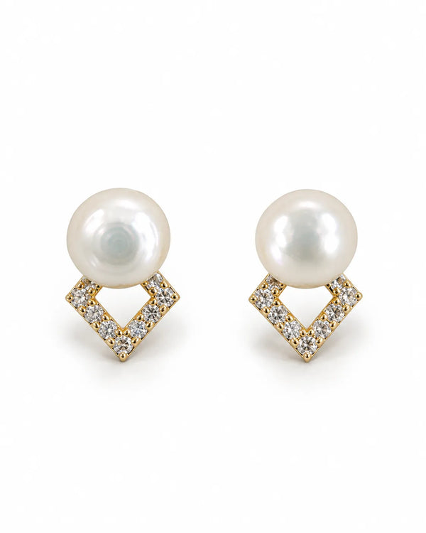 Gold-Plated Geometric Diamond-Frame Pearl Stud Earrings