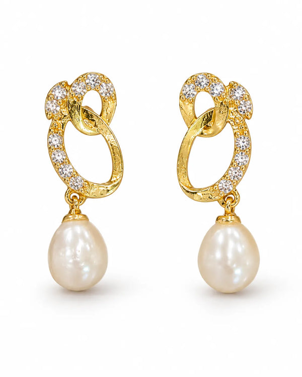 Gold-Tone Interlocking Oval Cubic Zirconia Earrings with Teardrop Pearl Drops