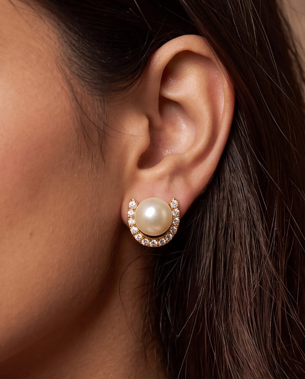 Gold-Plated Crescent Pearl Stud Earrings