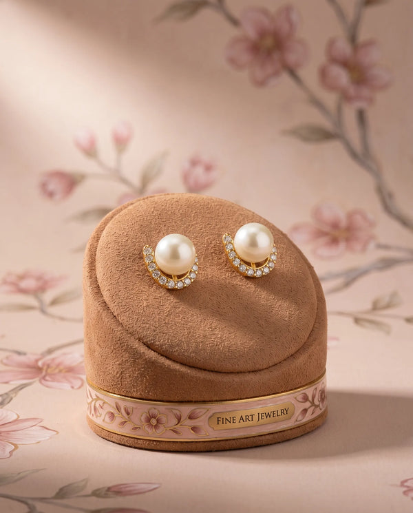 Gold-Plated Crescent Pearl Stud Earrings