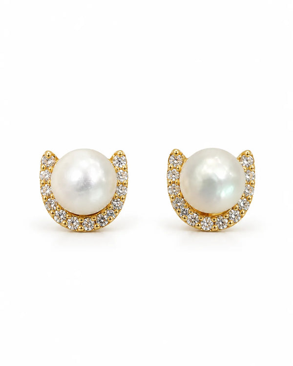 Gold-Plated Crescent Pearl Stud Earrings