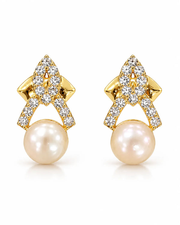 Gold-Tone Cross-Ribbon Cubic Zirconia Stud Earrings with Pearl Accents
