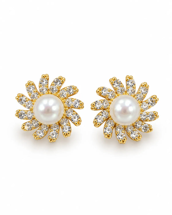 Gold-Tone Sunburst Floral Cubic Zirconia Freshwater Pearl Stud Earrings