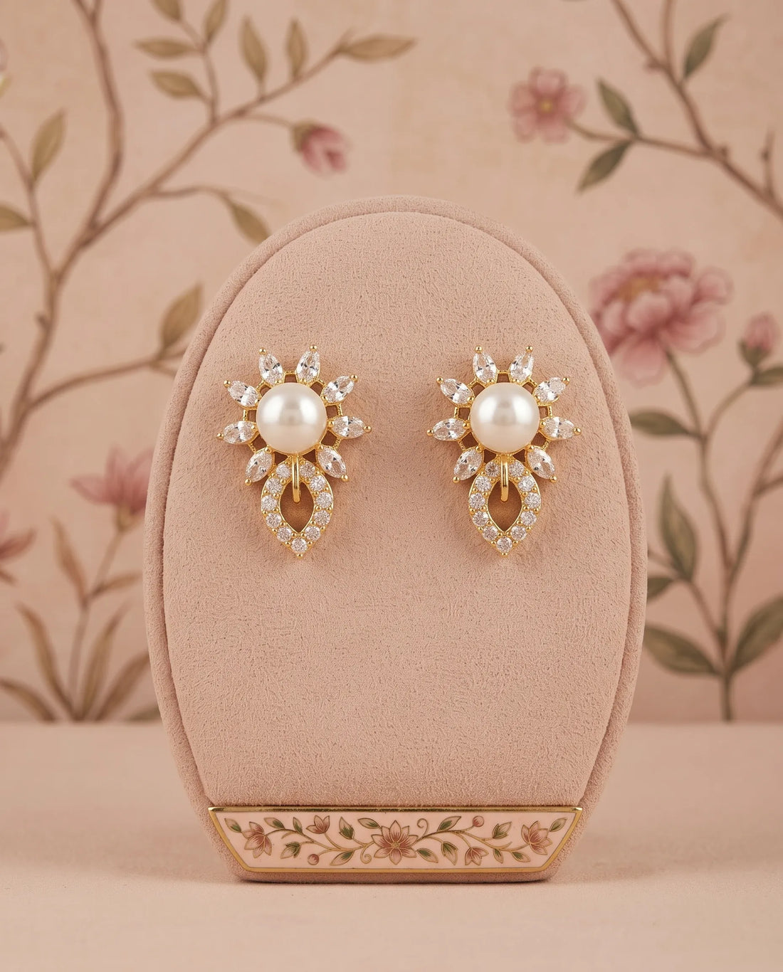 Gold-Tone Pearl Floral Sunburst & Pave Teardrop Stud Earrings