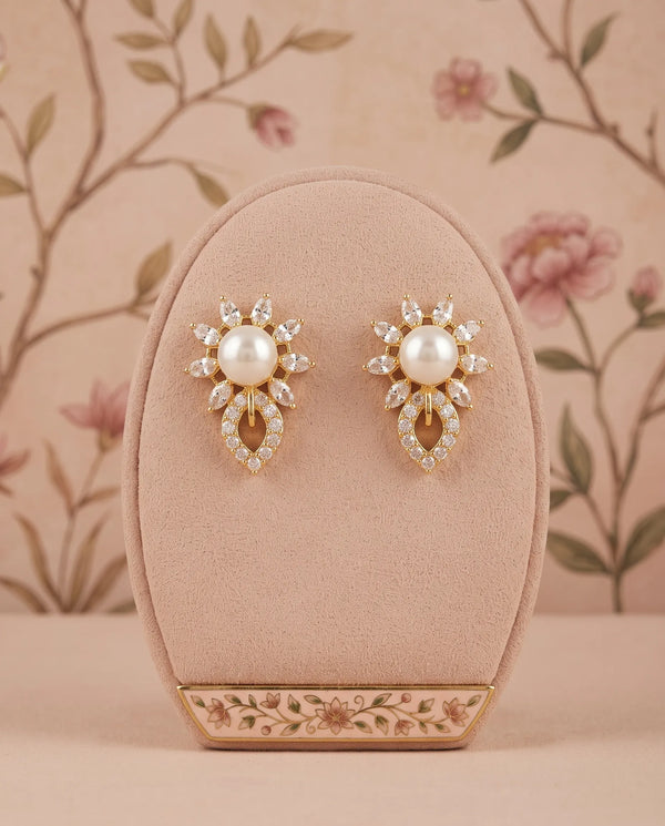 Gold-Tone Pearl Floral Sunburst & Pave Teardrop Stud Earrings
