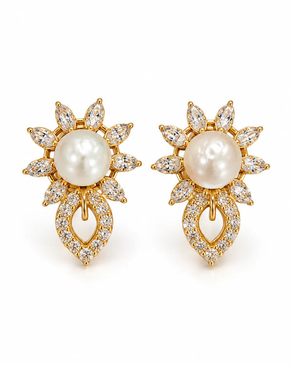 Gold-Tone Pearl Floral Sunburst & Pave Teardrop Stud Earrings