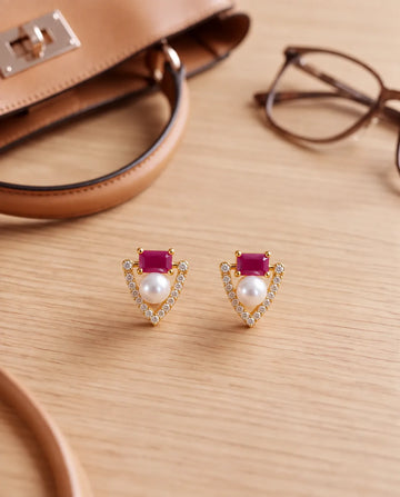 Gold-Tone Art Deco Triangular Pearl & Ruby-Tone CZ Stud Earrings