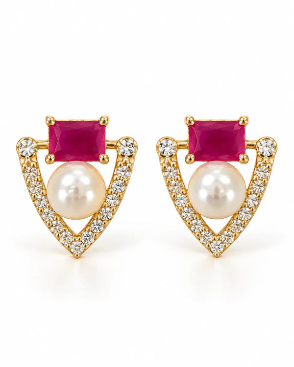 Gold-Tone Art Deco Triangular Pearl & Ruby-Tone CZ Stud Earrings