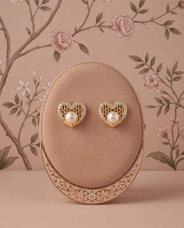 Gold-Tone Lattice Heart Pearl & Cubic Zirconia Stud Earrings