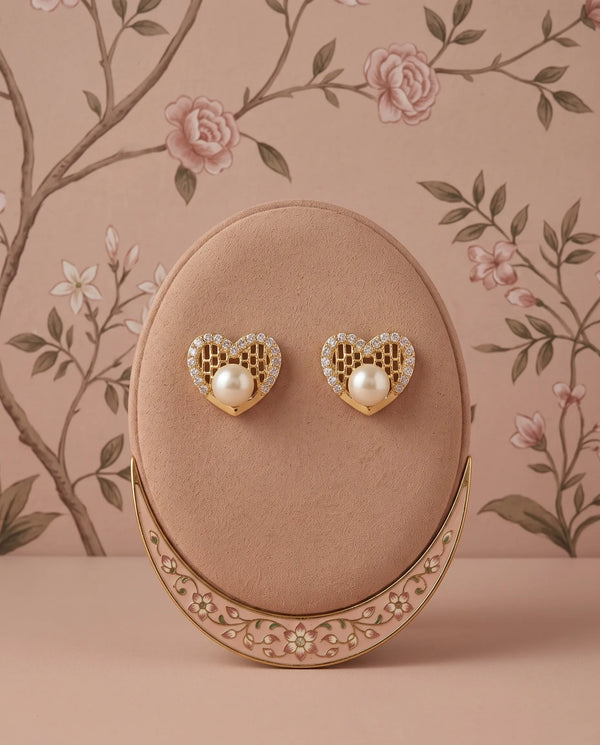 Gold-Tone Lattice Heart Pearl & Cubic Zirconia Stud Earrings