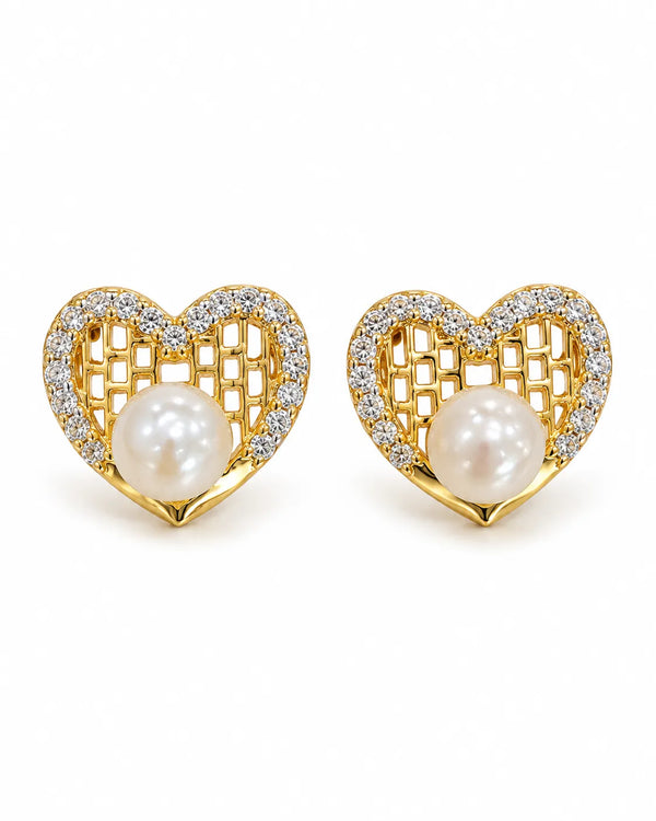 Gold-Tone Lattice Heart Pearl & Cubic Zirconia Stud Earrings