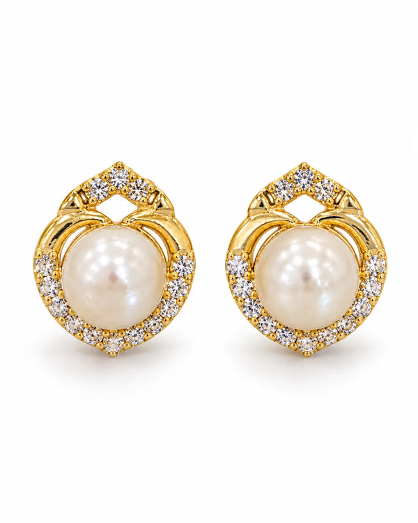 Gold-Tone Pearl & Arch Openwork Cubic Zirconia Stud Earrings