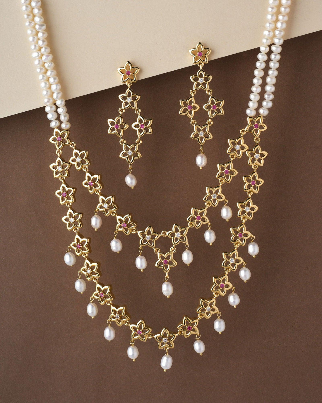The Scotch Mist- Golden Embellished Pearl Necklace Set - Chandrani Pearls