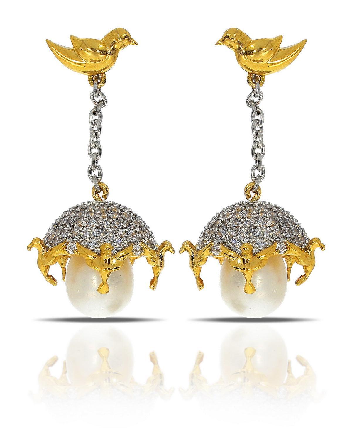 Traditional Bird Stone Studded Pearl Hanging Earrings - Chandrani Pearls