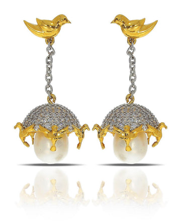 Traditional Bird Stone Studded Pearl Hanging Earrings - Chandrani Pearls