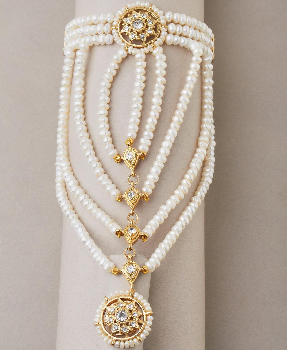 Traditional Floral Golden Stone Pearl Bracelet with Ring - Chandrani Pearls
