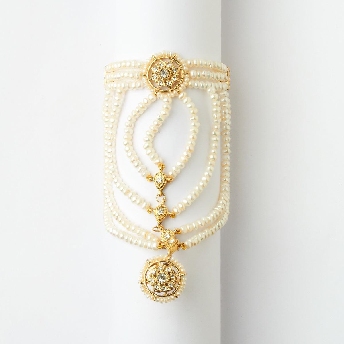 Traditional Floral Golden Stone Pearl Bracelet with Ring - Chandrani Pearls