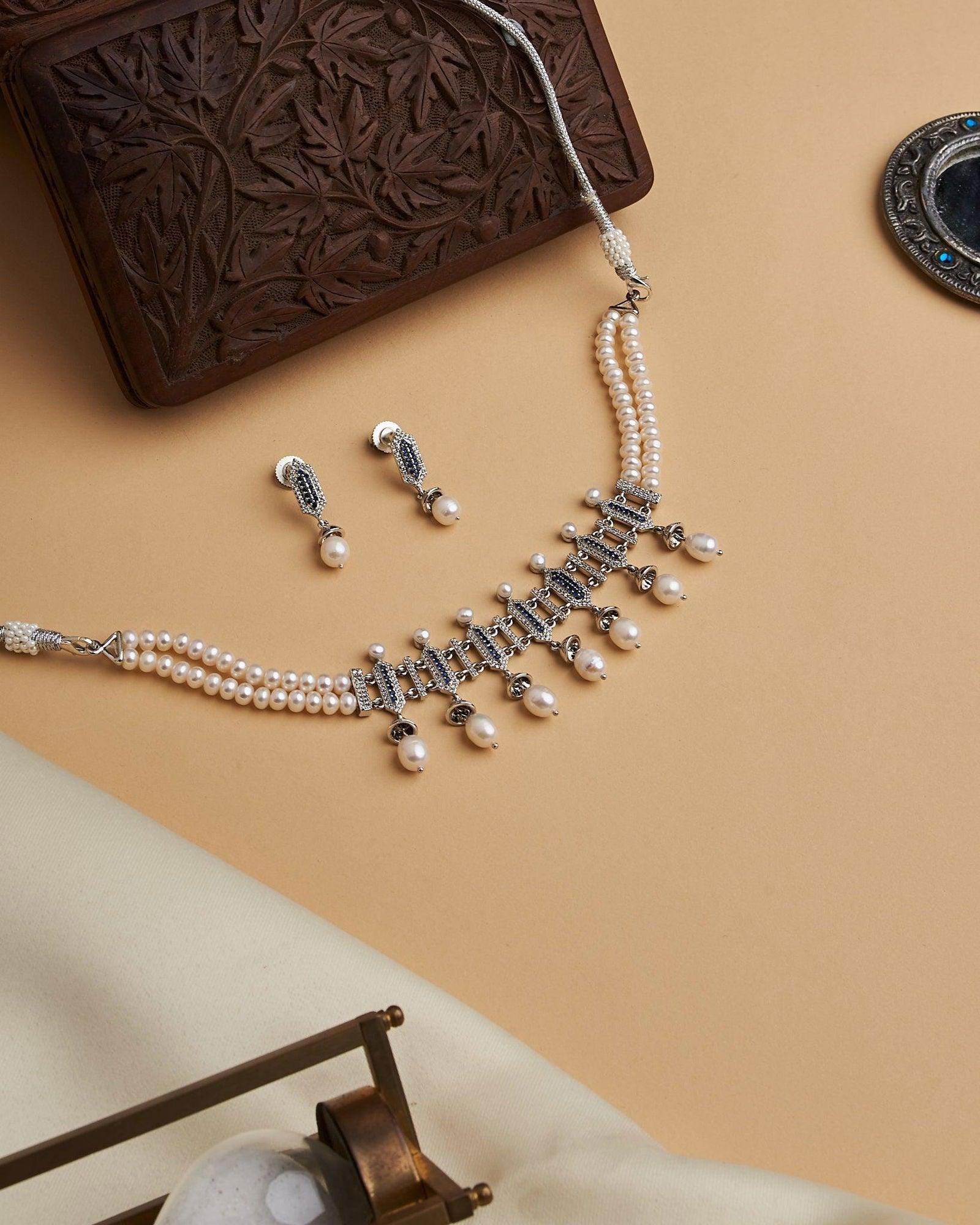 Traditional White Pearl Necklace Silver Finish Set - Chandrani Pearls