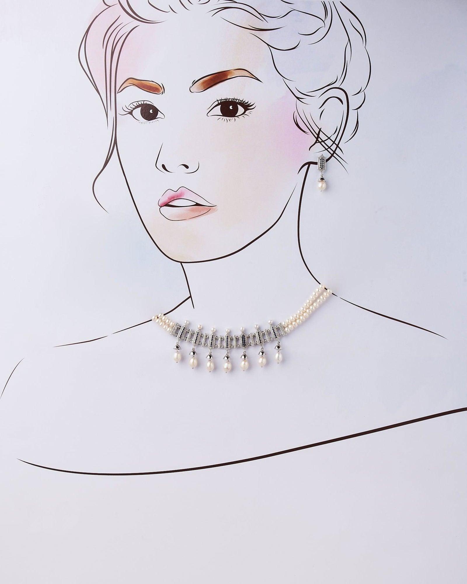 Traditional White Pearl Necklace Silver Finish Set - Chandrani Pearls