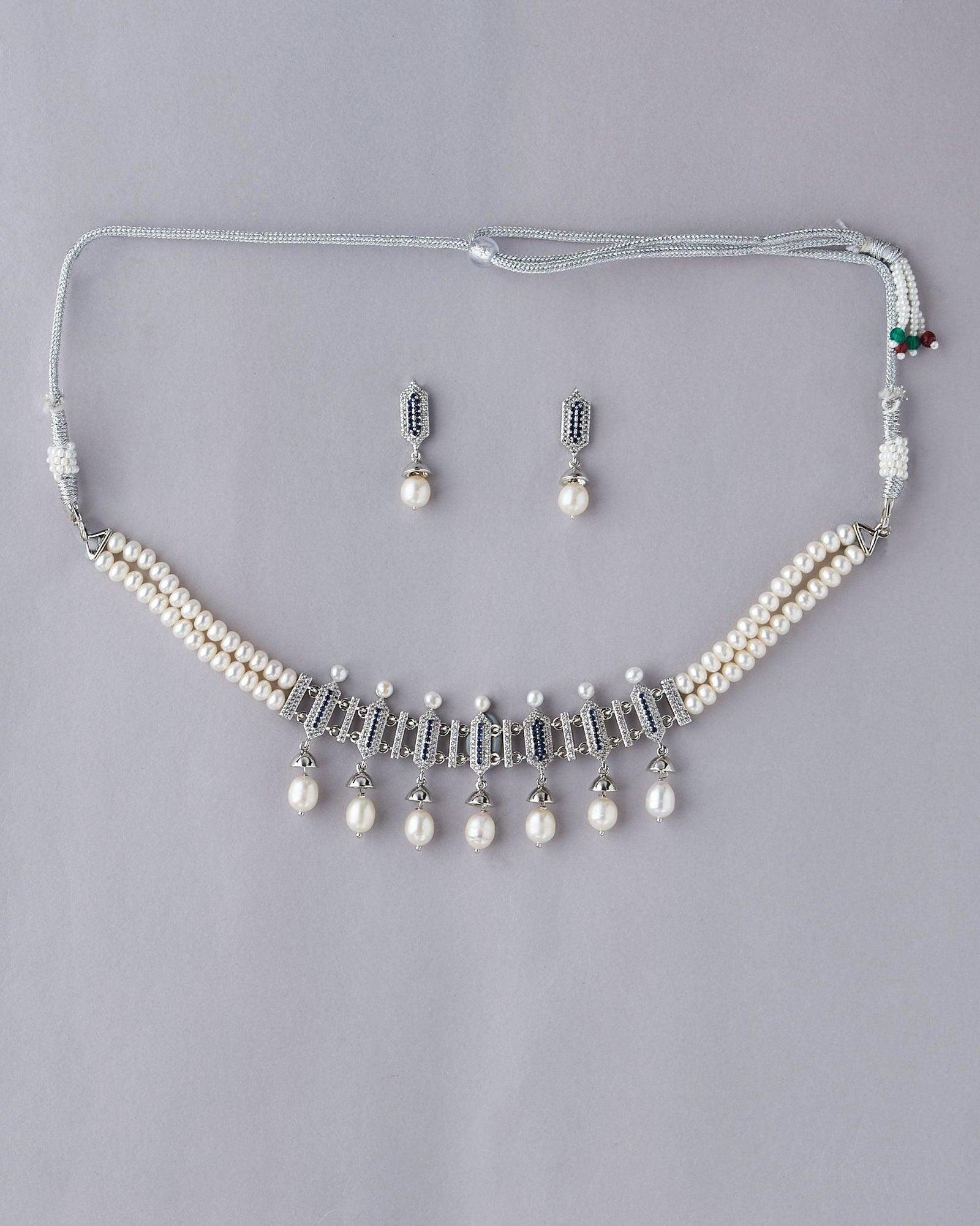 Traditional White Pearl Necklace Silver Finish Set - Chandrani Pearls