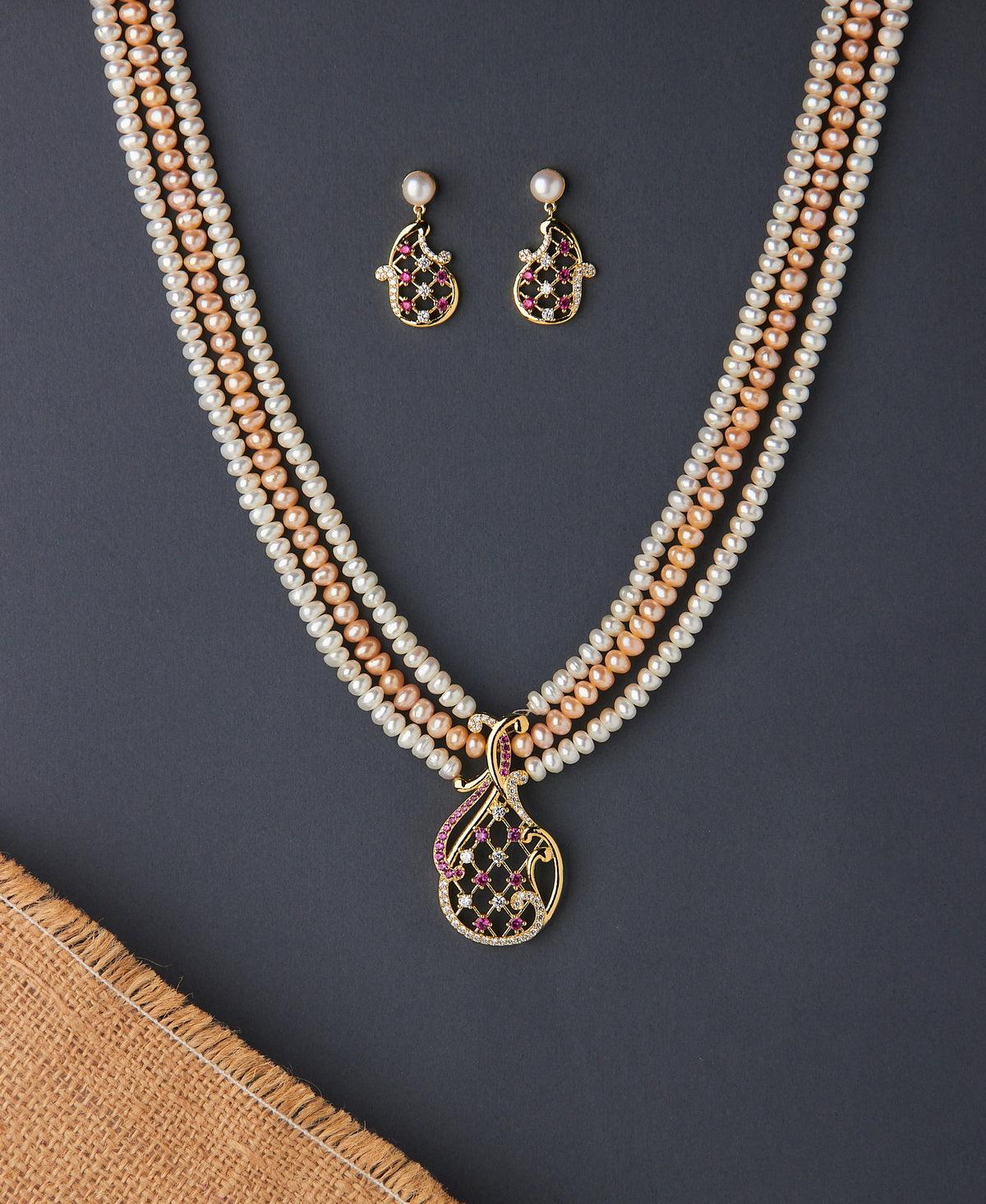 Trendy Stone Studded Pearl Necklace Set - Chandrani Pearls