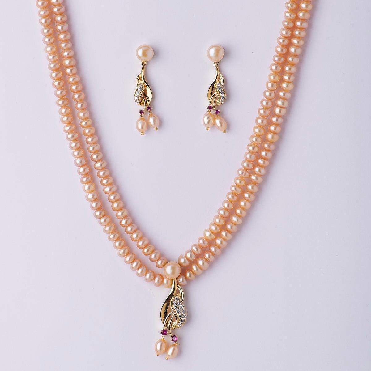 Trendy Stone Studded Pink Pearl Necklace Set - Chandrani Pearls