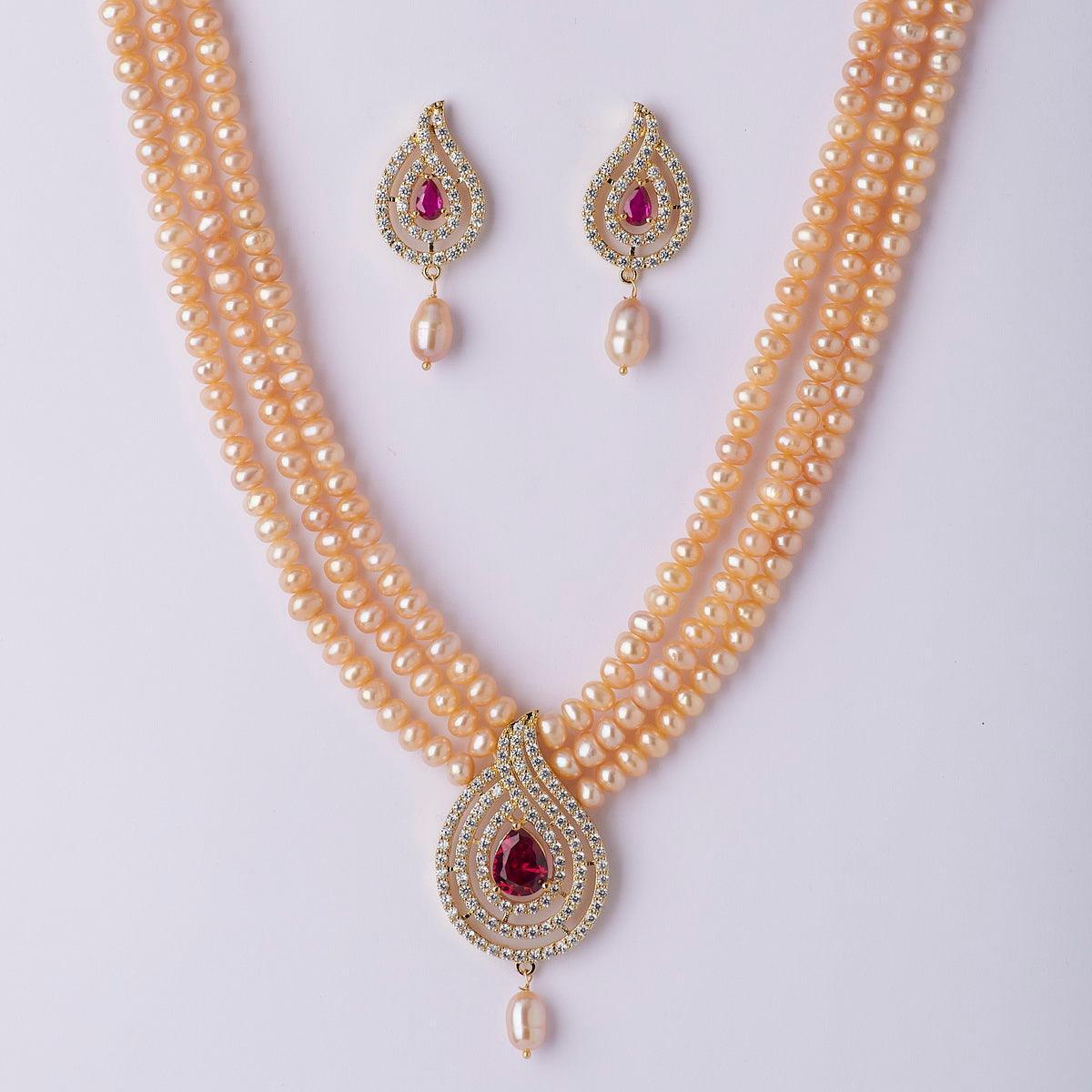 Trendy Stone Studded Pink Pearl Necklace Set - Chandrani Pearls