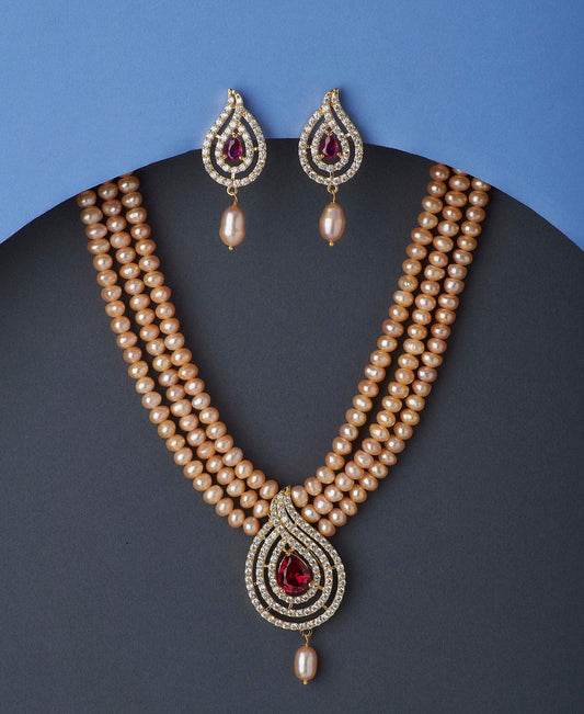 Trendy Stone Studded Pink Pearl Necklace Set - Chandrani Pearls