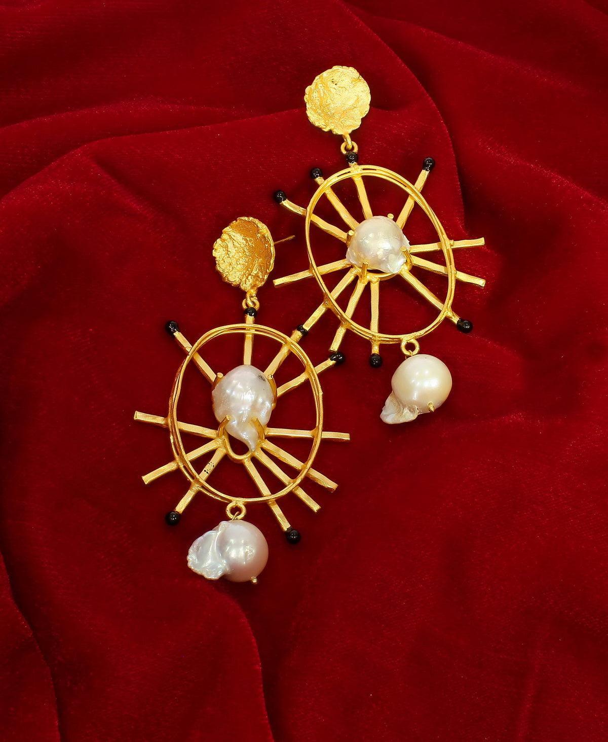 Tribal Match stick Golden Baroque Pearl Earrings - Chandrani Pearls