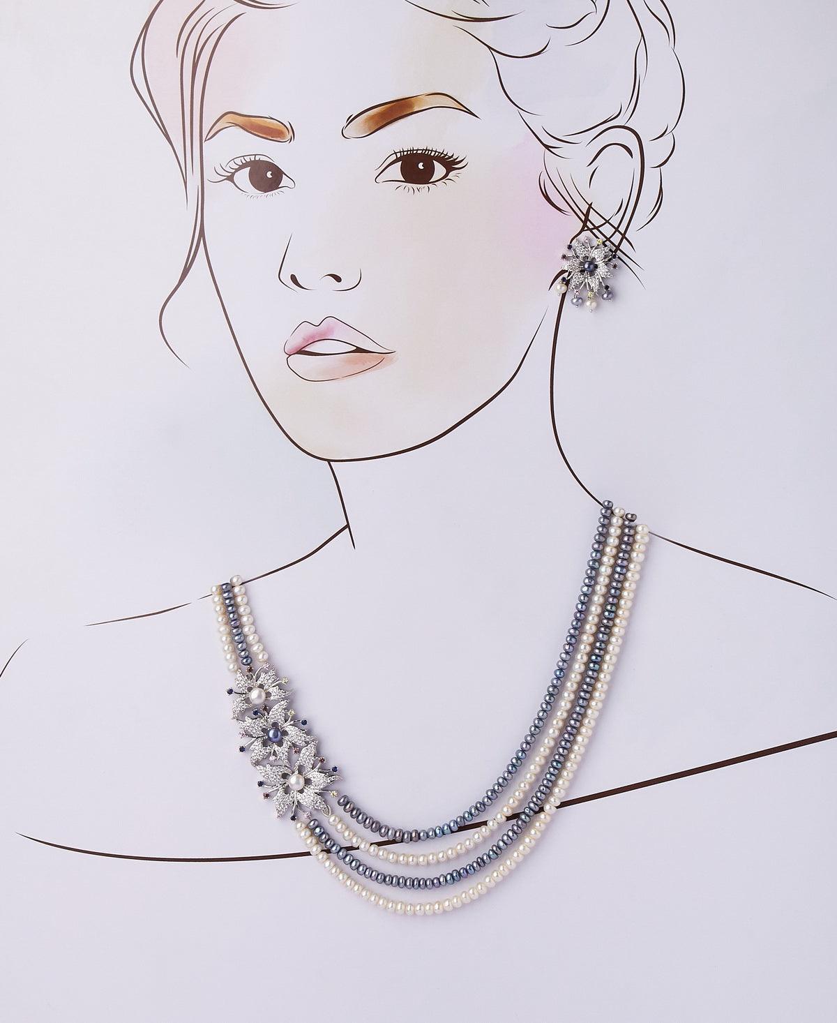 Triple Florial Gorgeous White/Black Pearl Necklace Set - Chandrani Pearls