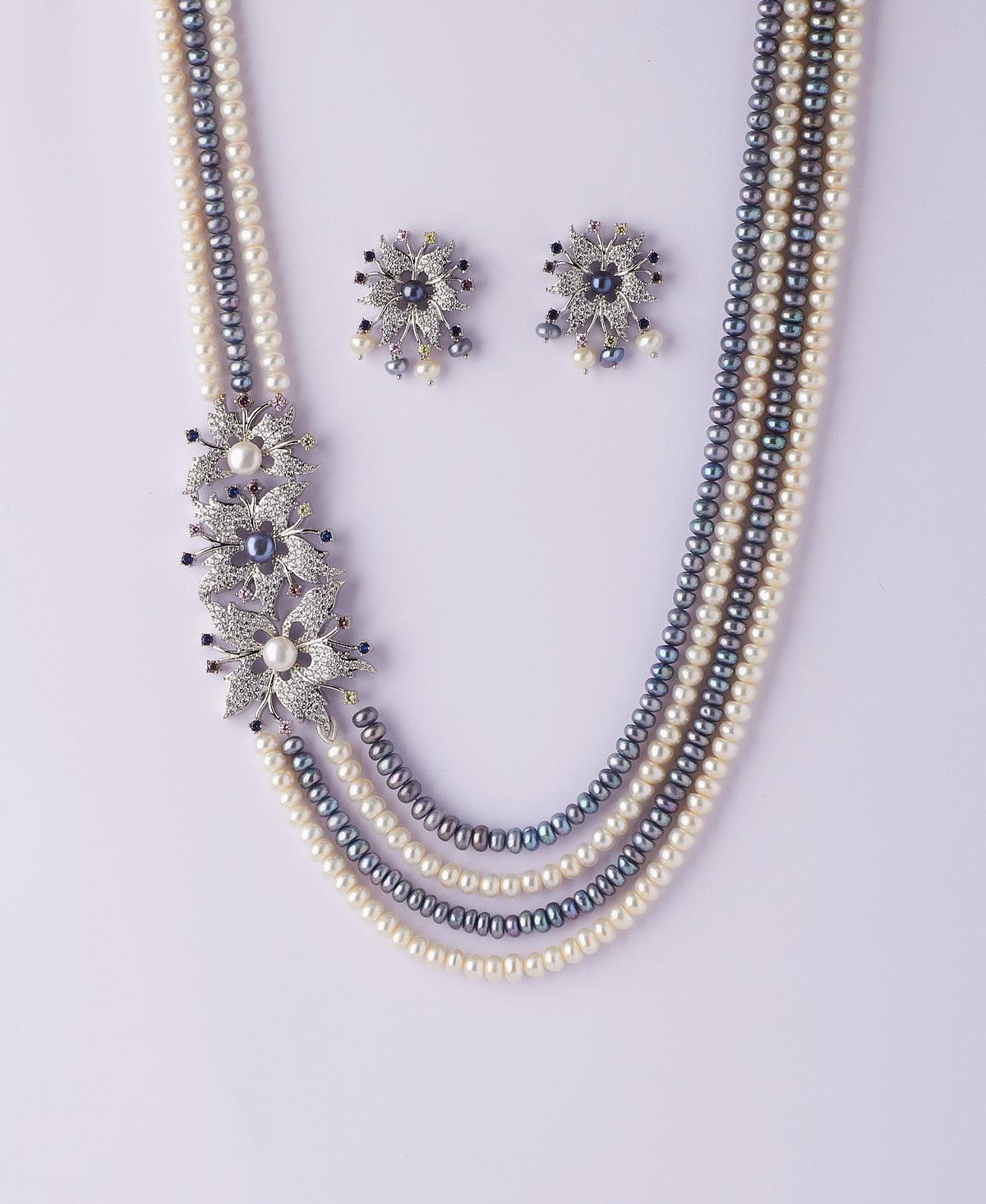 Triple Florial Gorgeous White/Black Pearl Necklace Set - Chandrani Pearls