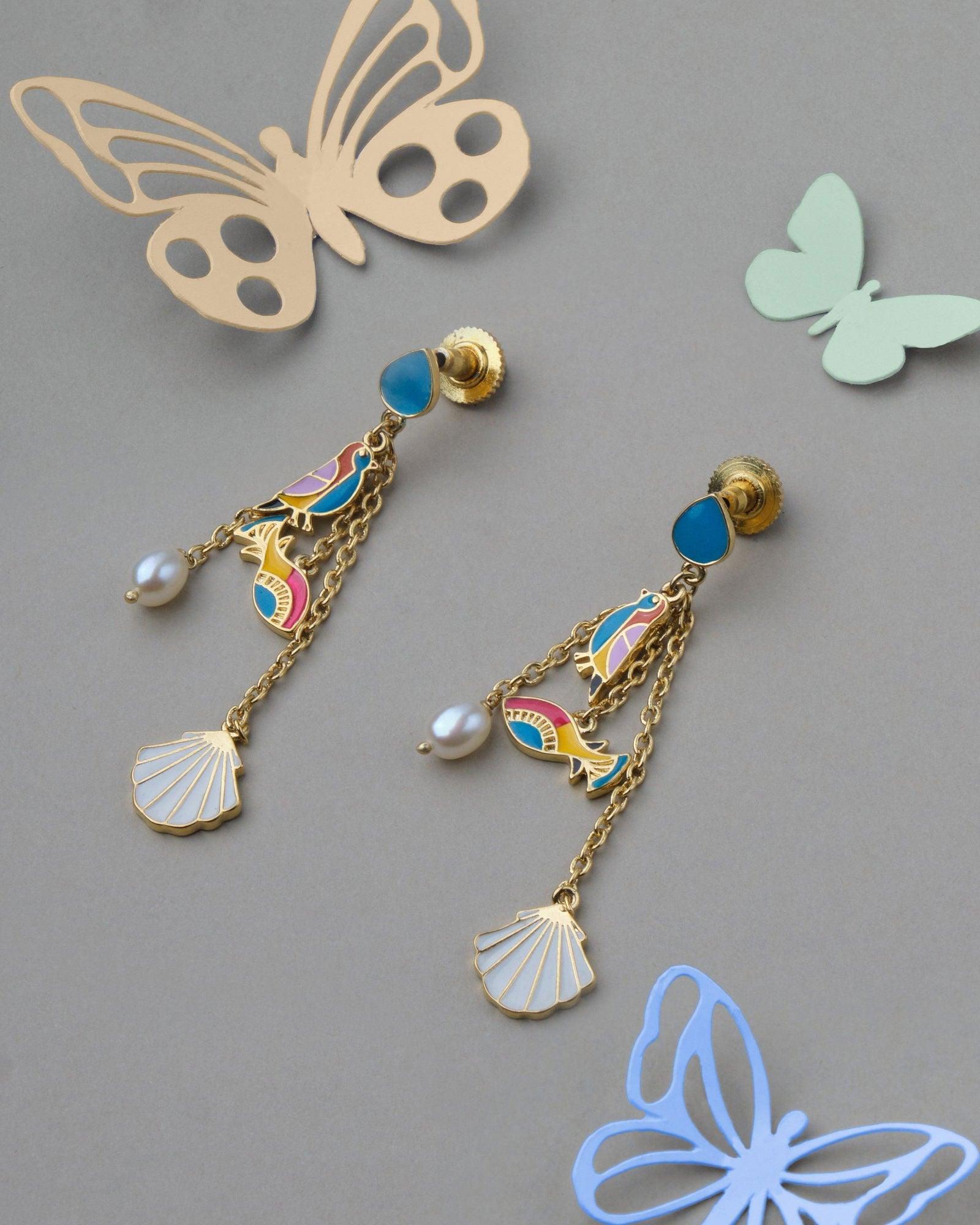 Viha Fish & Bird Enamel Drop Pearl Earring - Chandrani Pearls