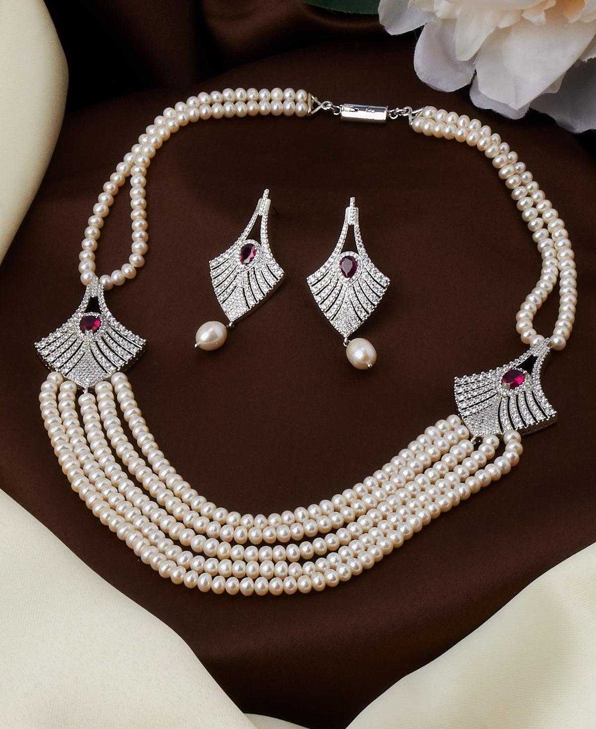 Vintage Stone Studded Pearl Necklace Set - Chandrani Pearls