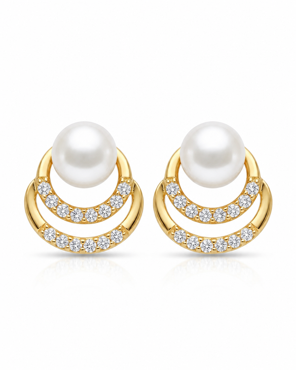 Gold-Plated Double Crescent Orbital CZ Pearl Stud Earrings