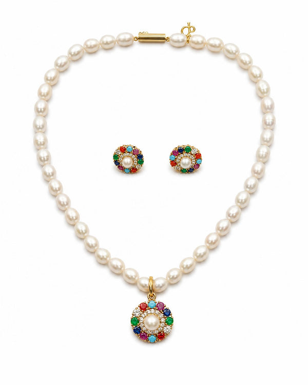Multicolour Gemstone & Pearl Navratan Jewellery Set