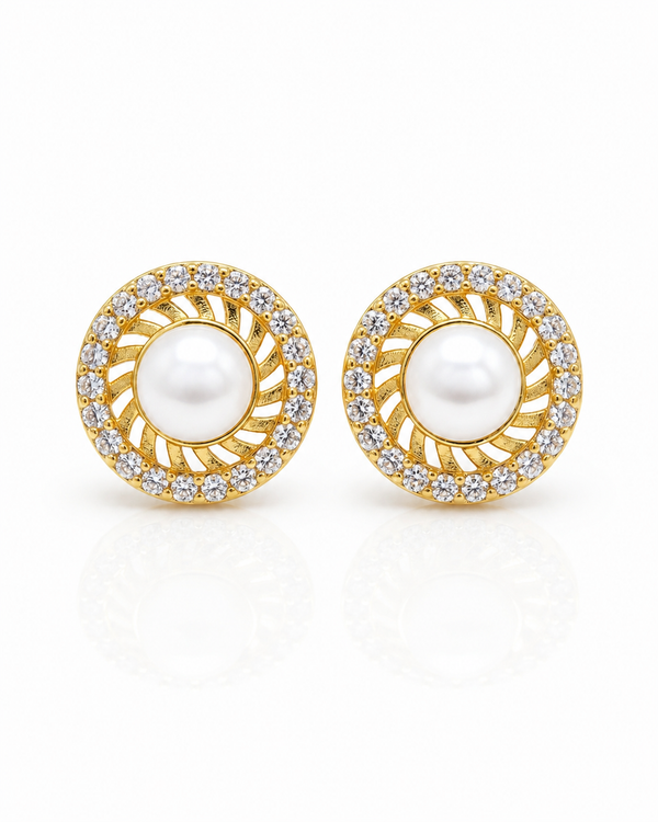 Sunburst White Pearl CZ Stud Earrings