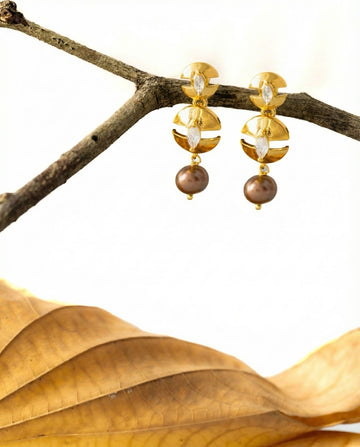 Gold-Plated Earrings with Brown Pearl