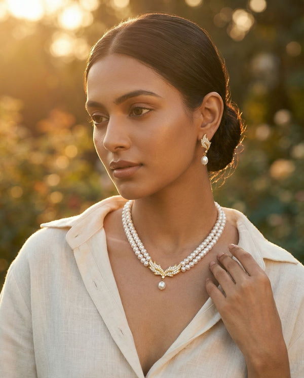 Double Strand White Pearl Necklace Set with Gold CZ Centrepiece