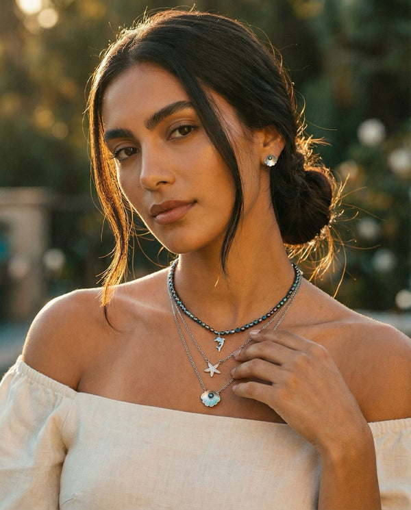 Black Bead Layered Necklace Set with Rhodium Finish