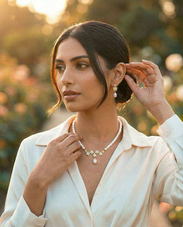 White Pearl Necklace Set with Gold Floral CZ Accents
