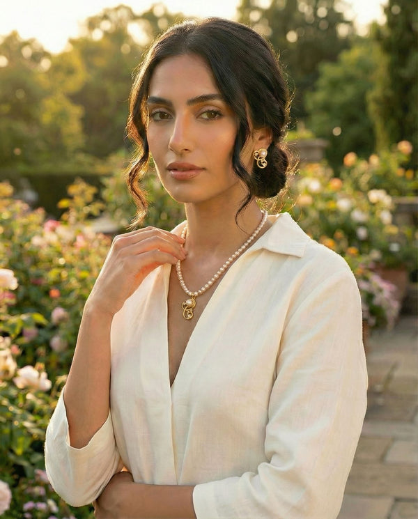 Pink & White Pearl Necklace Set with Gold Swirl Pendant