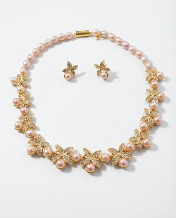 Gold-Plated Pink Pearl & Crystal Floral Necklace and Earring Set