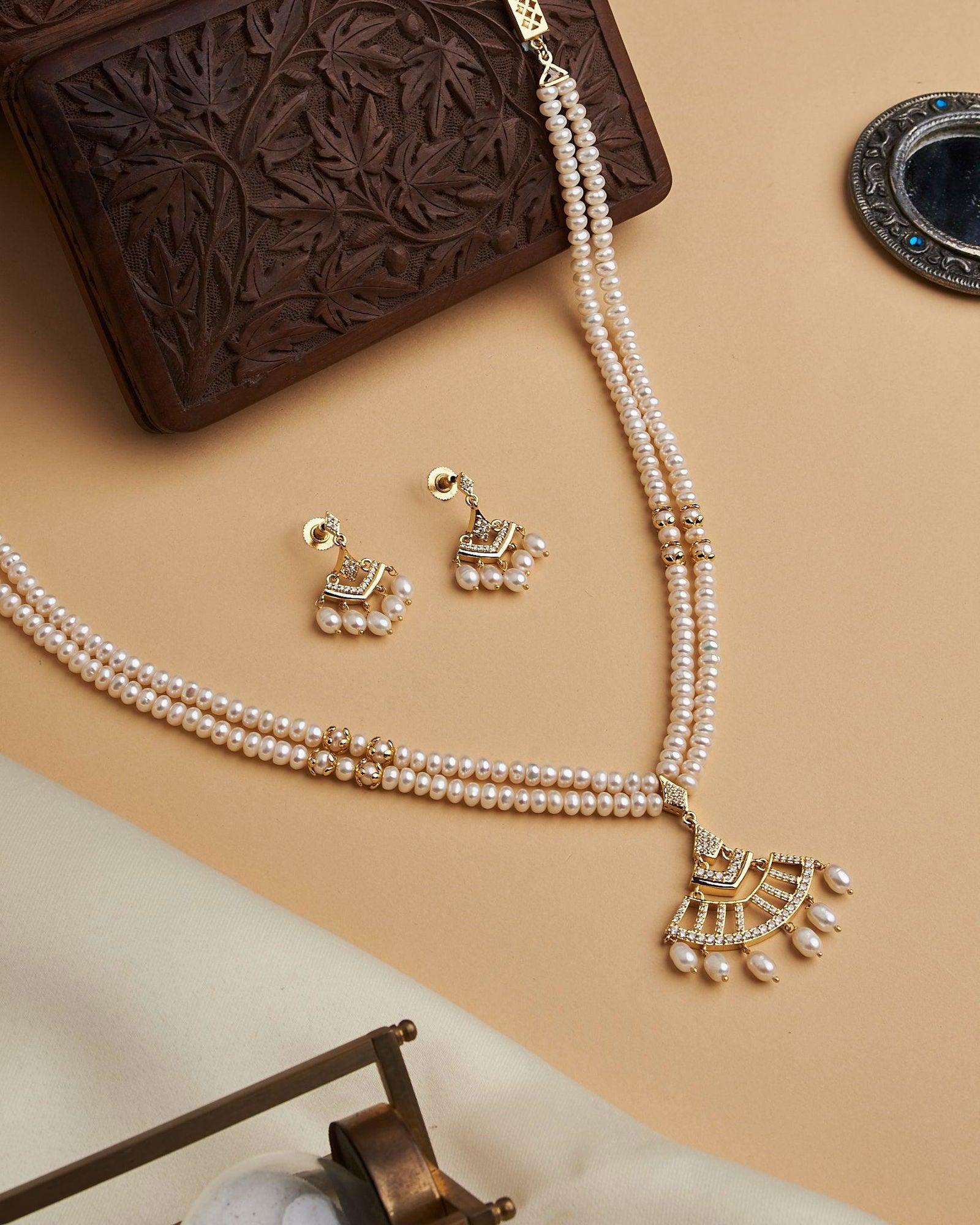 White Pearl Necklace Set with Gold Accents - Chandrani Pearls