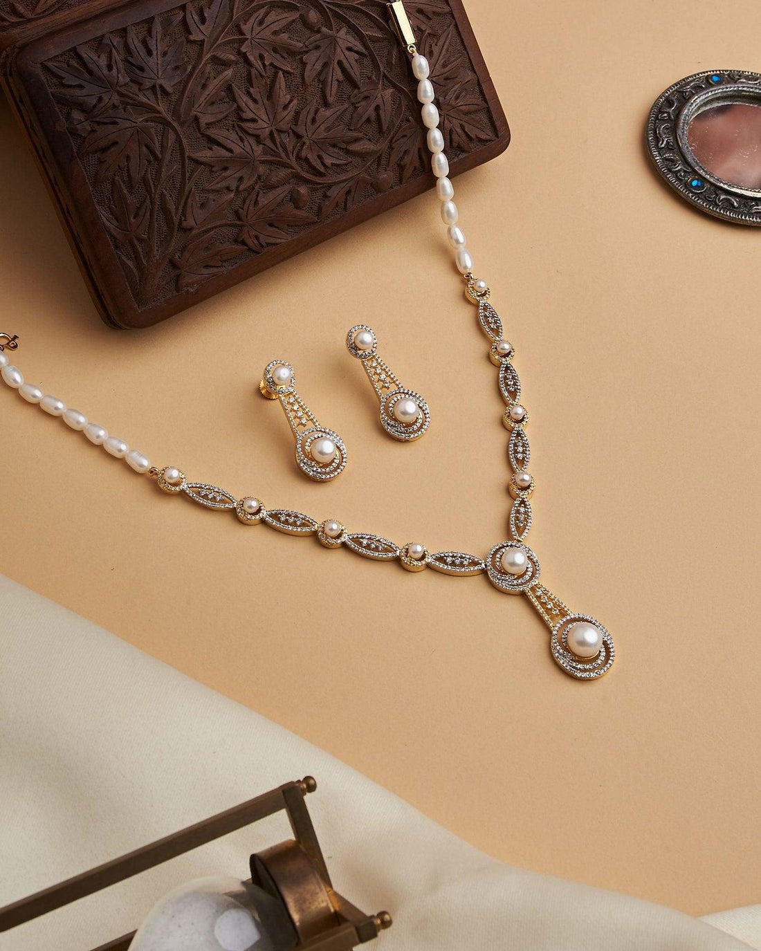 White Pearl Necklace Set with Silver and Gold Finsih - Chandrani Pearls