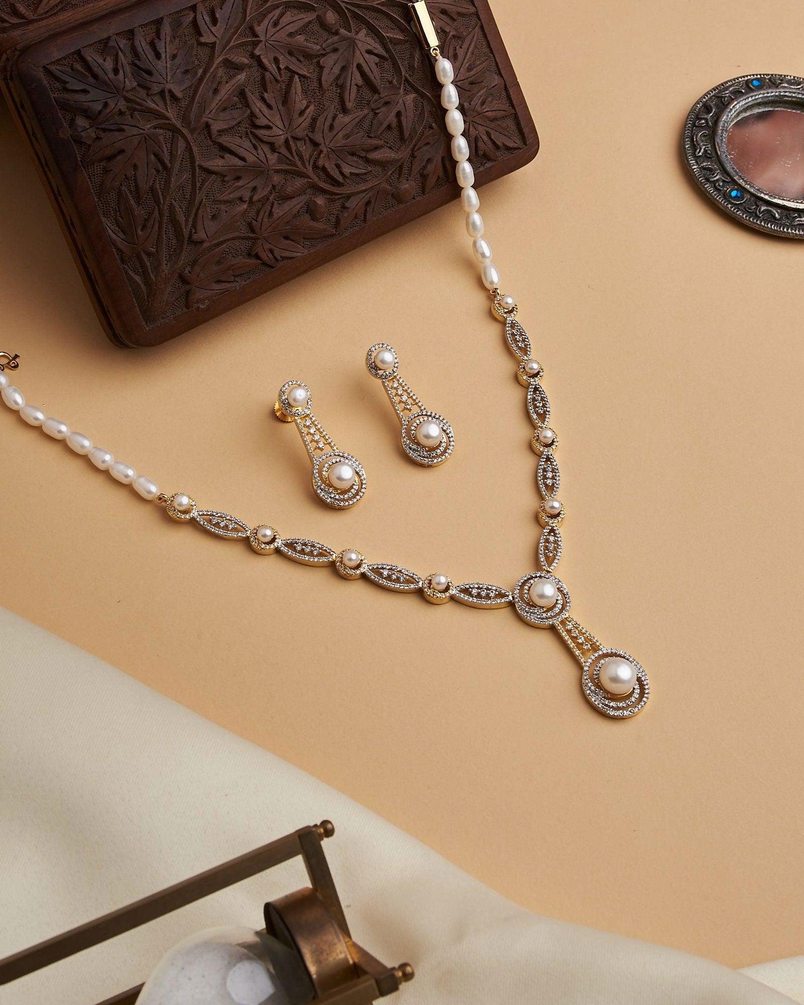 White Pearl Necklace Set with Silver and Gold Finsih - Chandrani Pearls