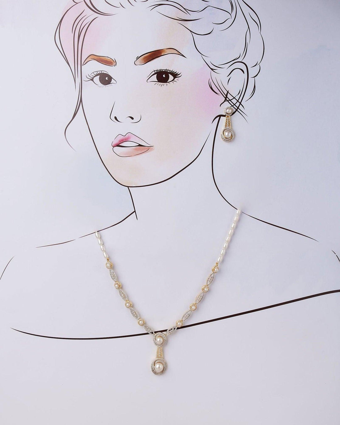 White Pearl Necklace Set with Silver and Gold Finsih - Chandrani Pearls