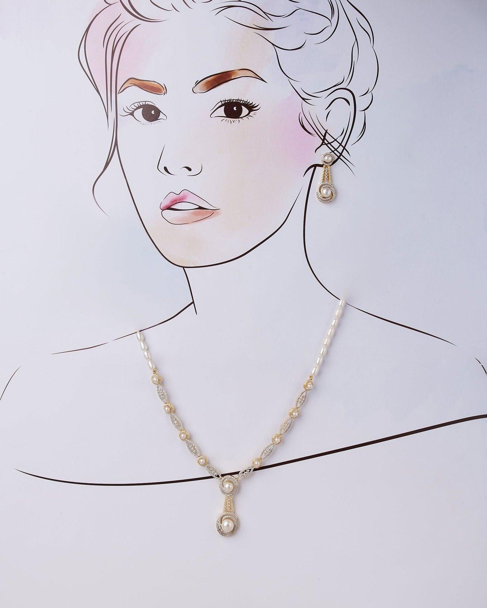 White Pearl Necklace Set with Silver and Gold Finsih - Chandrani Pearls