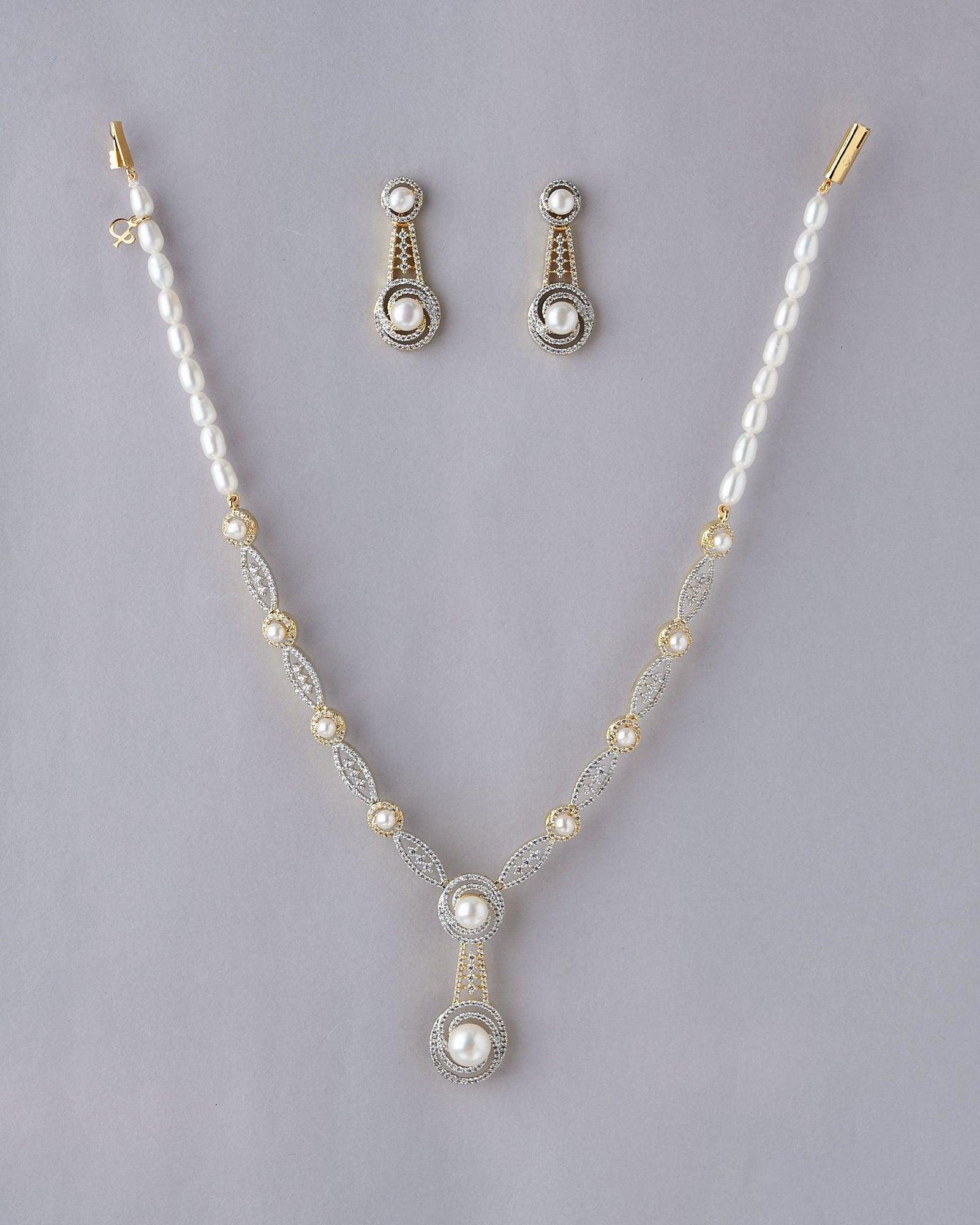 White Pearl Necklace Set with Silver and Gold Finsih - Chandrani Pearls