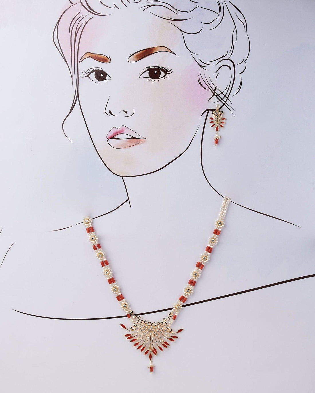 White Pearl and Red Bead Necklace Set - Chandrani Pearls
